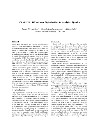 C LARINET : WAN-Aware Optimization for Analytics Queries Raajay Viswanathan  Ganesh
