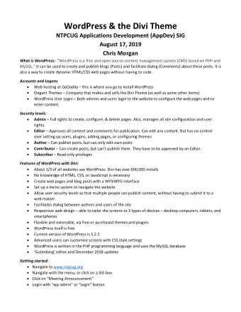 WordPress &amp; the Divi Theme  NTPCUG Applications Development (AppDev) SIG  August 17, 2019