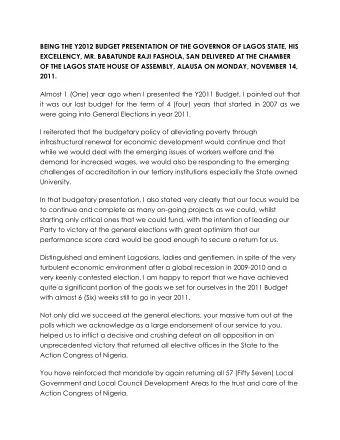 BEING THE Y2012 BUDGET PRESENTATION OF THE GOVERNOR OF LAGOS STATE, HIS  EXCELLENCY, MR. BABATUNDE