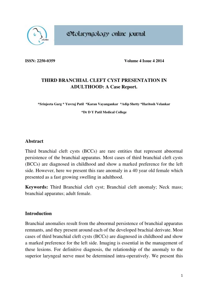 third branchial cleft cyst presentation in adulthood a