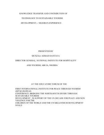 KNOWLEDGE TRANSFER AND CONTRIBUTION OF  TECHNOLOGY TO SUSTAINABLE TOURISM  DEVELOPMENT--- NIGERIA'S
