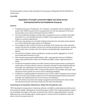 Acquisition of Canadas prominent digital real estate service  DuProprio/ComFree by Purplebricks