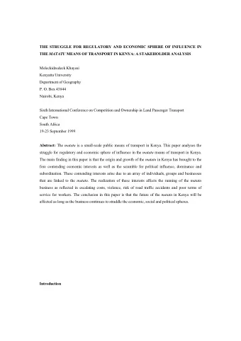 THE STRUGGLE FOR REGULATORY AND ECONOMIC SPHERE OF INFLUENCE IN THE MATATU MEANS OF TRANSPORT IN