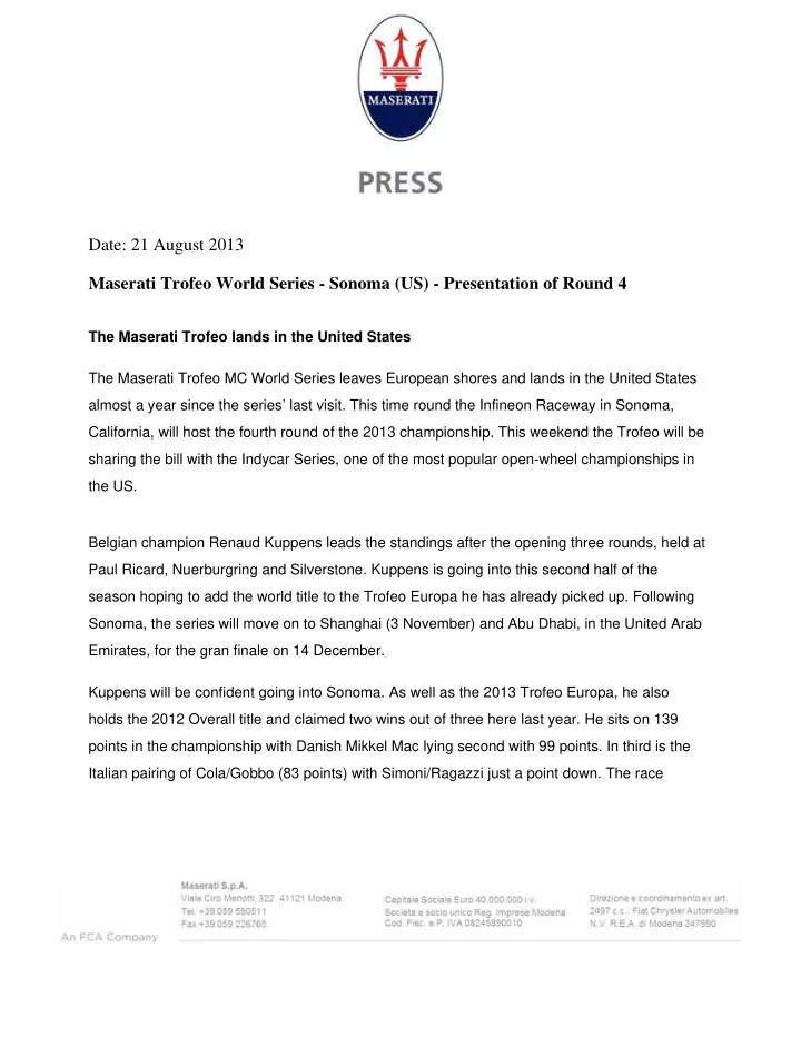 date 21 august 2013 maserati trofeo world series sonoma