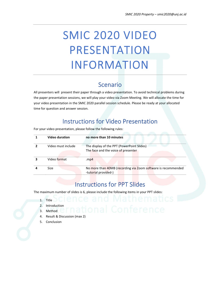smic 2020 video presentation information
