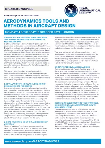 AERODYNAMICS TOOLS AND  METHODS IN AIRCRAFT DESIGN  MONDAY 14 &amp; TUESDAY 15 OCTOBER 2019