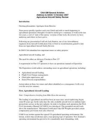 CAA GM General Aviation  Address to AAAC 12 October 2007  Agricultural Aircraft Safety Review