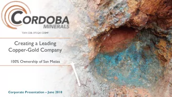 Creating a Leading  Copper-Gold Company  100% Ownership of San Matias  Corporate Presentation