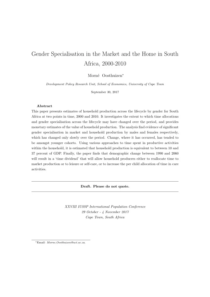 gender specialisation in the market and the home in south