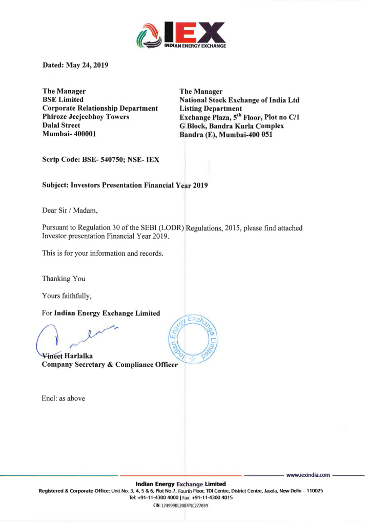 indian energy exchange dated may 24 2019 the manager the