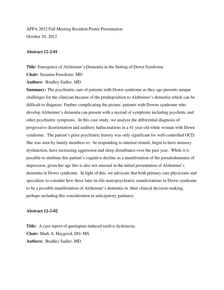 appa 2012 fall meeting resident poster presentation