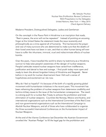 Madame President, Distinguished Delegates, Ladies and Gentleman  On the cenotaph in the Peace Park