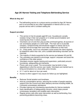 Age UK Harrow Visiting and Telephone Befriending Service What do they do?  The befriending