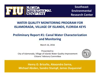 WATER QUALITY MONITORING PROGRAM FOR  ISLAMORADA, VILLAGE OF ISLANDS, FLORIDA KEYS  Preliminary