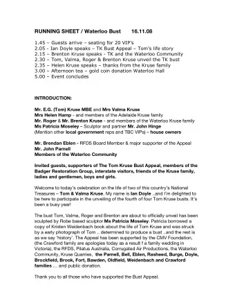 RUNNING SHEET / Waterloo Bust  16.11.08  1.45  Guests arrive  seating for 20 VIPs  2.05 -