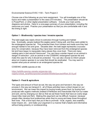 Environmental Science EVSC 1100  Term Project 2  Choose one of the following as your term