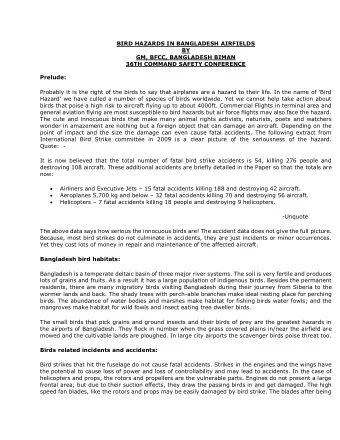 BIRD HAZARDS IN BANGLADESH AIRFIELDS BY GM, BFCC, BANGLADESH BIMAN 36TH COMMAND SAFETY CONFERENCE