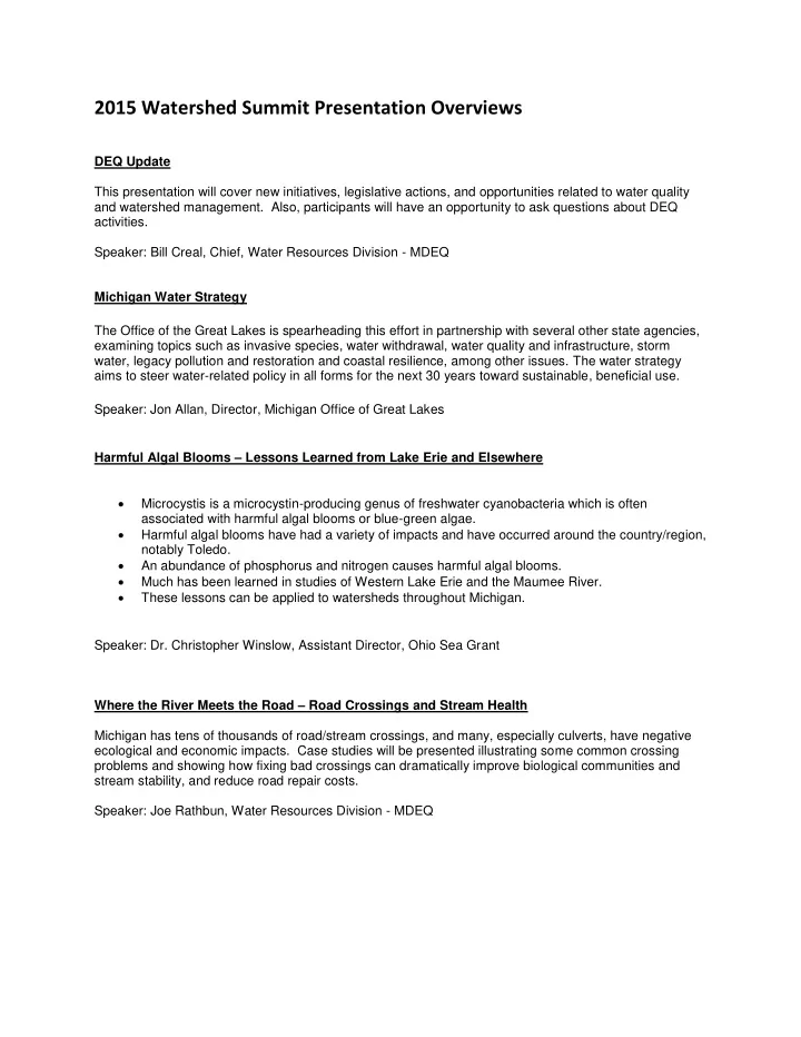 2015 watershed summit presentation overviews