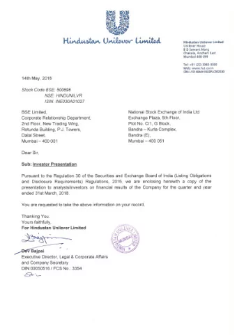 Hindustan Unilever Limited MQ 18 &amp; FY 17 -18 Results Presentation : 14 th May 2018  Safe