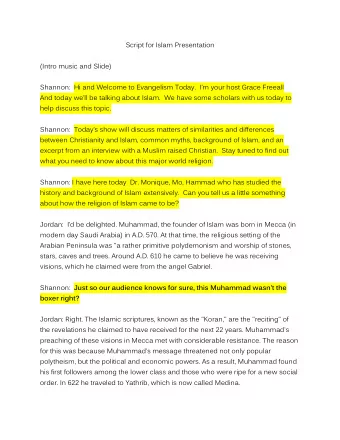 Script for Islam Presentation  (Intro music and Slide) Shannon:  Hi and Welcome to Evangelism