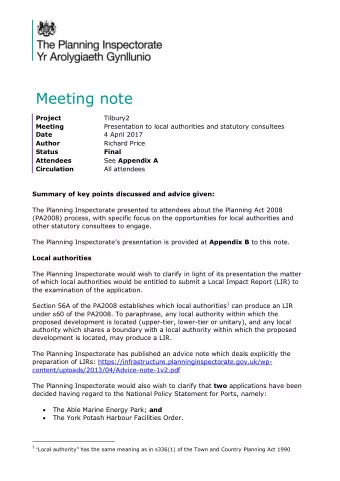 Meeting note  Project  Tilbury2  Meeting  Presentation to local authorities and statutory
