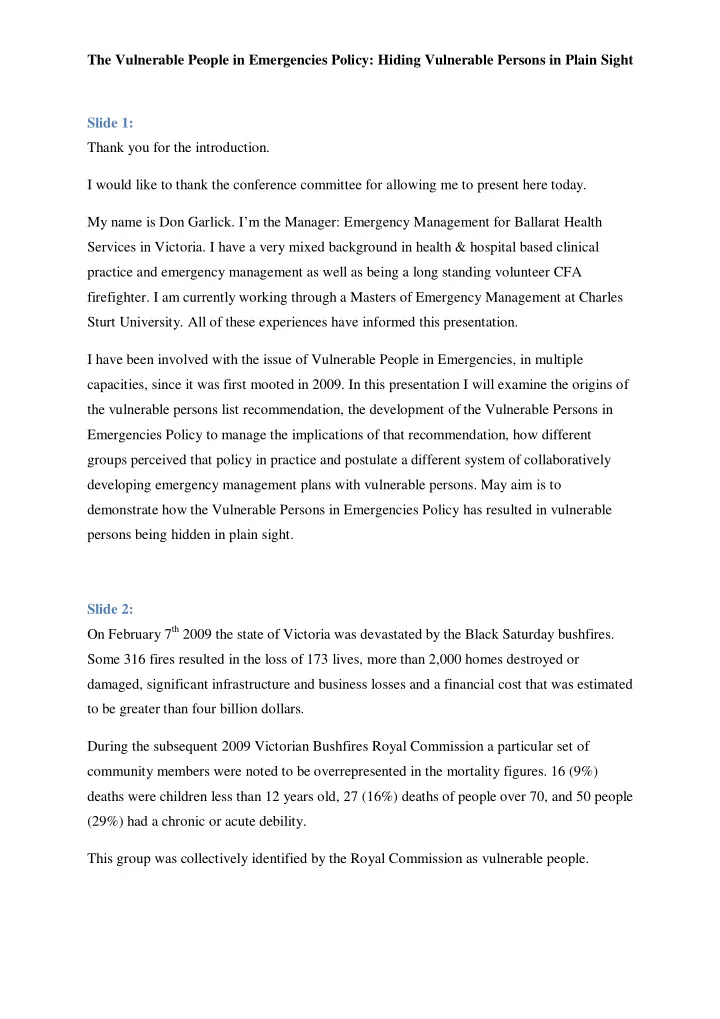 the vulnerable people in emergencies policy hiding