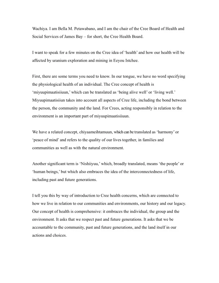 i want to speak for a few minutes on the cree idea of