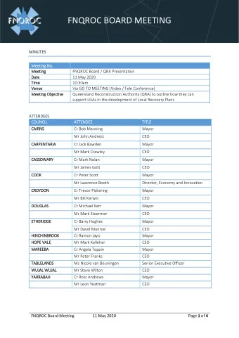 FNQROC BOARD MEETING  MINUTES  Meeti  ting  g No.  Meeti  ting  FNQROC Board / QRA Presentation