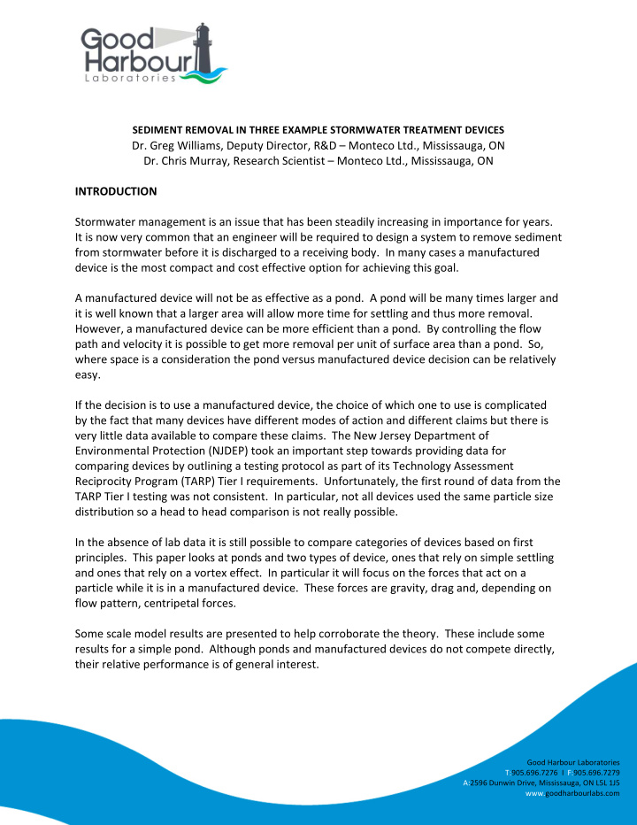 sediment removal in three example stormwater treatment