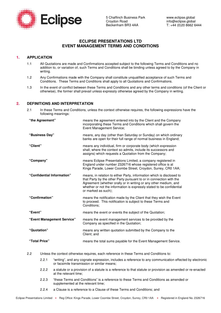 eclipse presentations ltd event management terms and