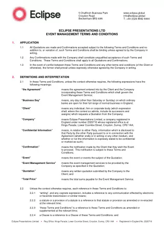 ECLIPSE PRESENTATIONS LTD  EVENT MANAGEMENT TERMS AND CONDITIONS  1.  APPLICATION  1.1  All
