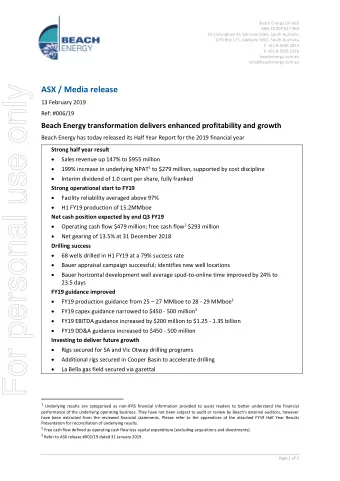 For personal use only  ASX / Media release  13 February 2019  Ref: #006/19  Beach Energy