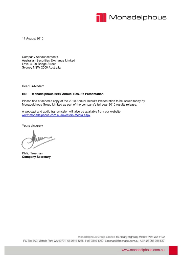 17 august 2010 company announcements australian