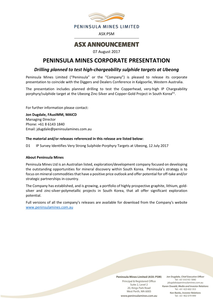 peninsula mines corporate presentation