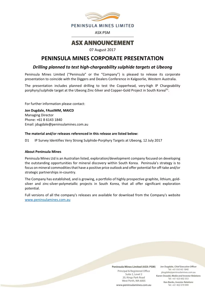 peninsula mines corporate presentation