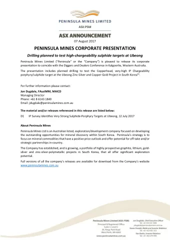 PENINSULA MINES CORPORATE PRESENTATION  Drilling planned to test high-chargeability sulphide