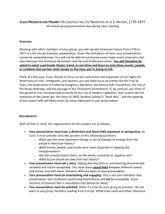 C LASS P RESENTATION P ROMPT : R ECONSTRUCTING THE N ARRATIVE OF U.S. H ISTORY , 1776-1877