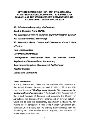 KEYNOTE REMARKS BY HON. JAPHET N. HASUNGA,  MINISTER FOR AGRICULTURE UNITED REPUBLIC OF  TANZANIA