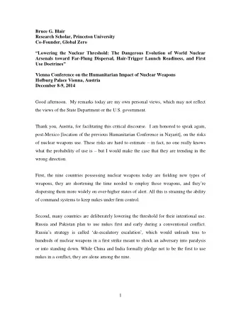 Bruce G. Blair  Research Scholar, Princeton University  Co-Founder, Global Zero  Lowering the