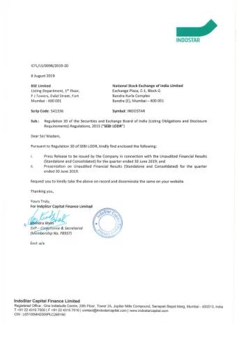 lNDOSTAR  ICFL/LS/0098/2019-20 8 August 2019 National Stock Exchange of India Limited BSE Limited