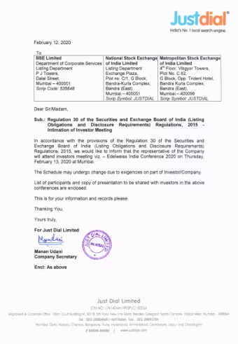 J  u  t  t  i  a  l   lndio's No. I locol seorch engine February 12,2020  To BSE Limited