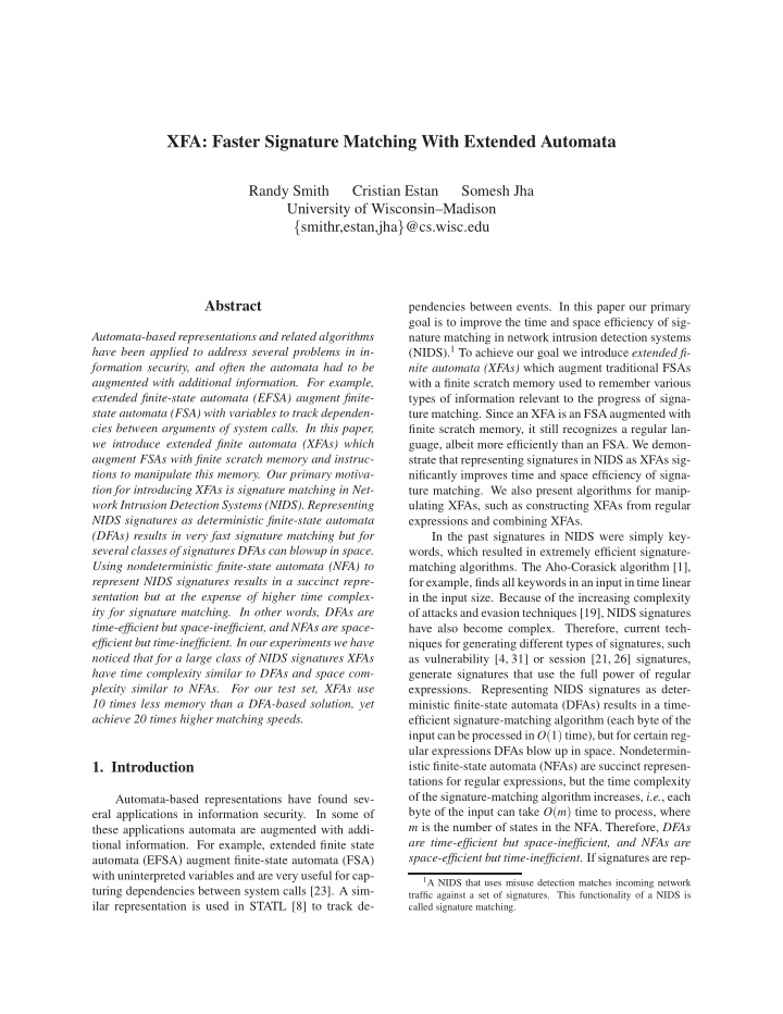 xfa faster signature matching with extended automata