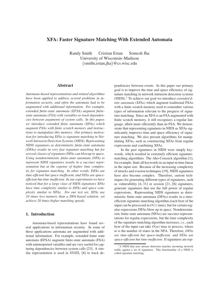 xfa faster signature matching with extended automata