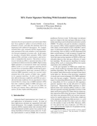 XFA: Faster Signature Matching With Extended Automata  Randy Smith  Cristian Estan  Somesh Jha