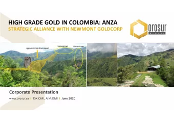 HIGH GRADE GOLD IN COLOMBIA: ANZA  STRATEGIC ALLIANCE WITH NEWMONT GOLDCORP  Corporate Presentation