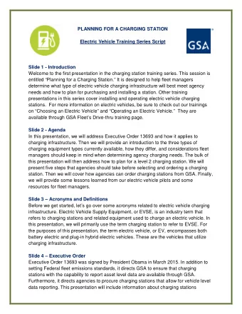 PLANNING FOR A CHARGING STATION  Electric Vehicle Training Series Script  Slide 1 - Introduction