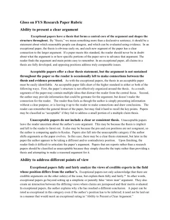 Gloss on FYS Research Paper Rubric  Ability to present a clear argument  Exceptional papers have a