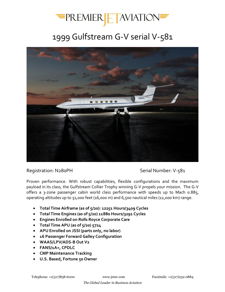 1999 gulfstream g v serial v 581