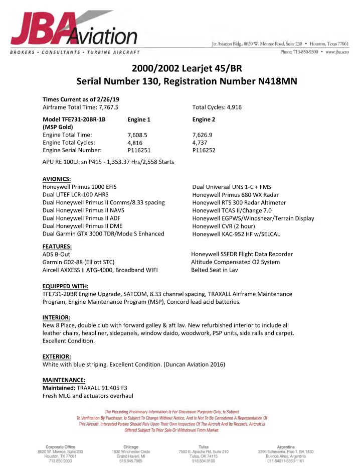 2000 2002 learjet 45 br serial number 130 registration