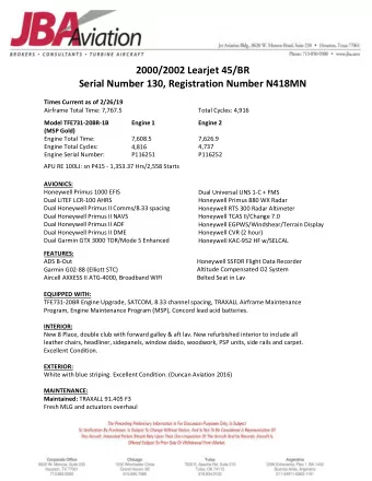 2000/ 2002 Learjet 45/BR  Serial Number 130, Registration Number N418MN Times Current as of 2 /2 6